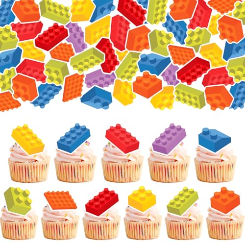 Niyzmln 55Pcs Edible Colorful Building Block Themed Cupcake Toppers Building Block Party Favors Decorations for Boy Girl Birthday Party Decorations Brick Themed Party Decors Supplies