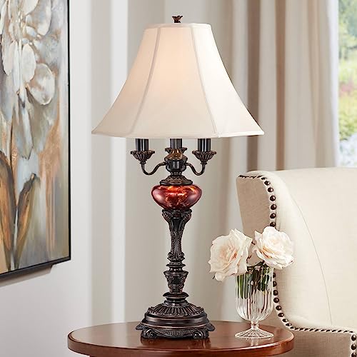 Barnes and Ivy Rhys Traditional Style Table Lamp 34" Tall English Bronze Brown Tortoise Shell Glass Off White Bell Shade Decor for Living Room Bedroom House Bedside Home Office Entryway