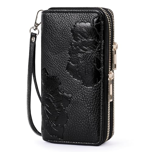 Leather Womens RFID Blocking Wallets Wristlet Clutch Double Zipper Wallet Large Capacity for Phones Credit Card Holder Black