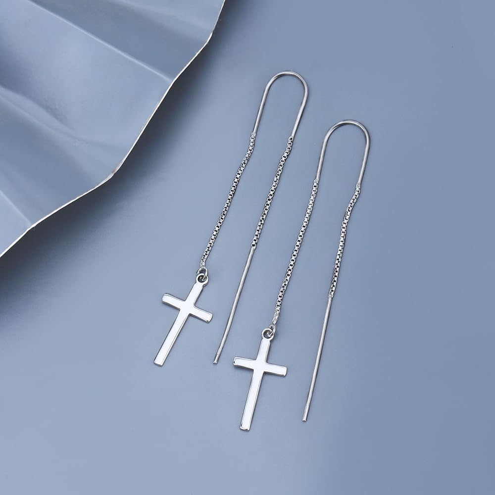 Vanbelle Sterling Silver Jewelry - Rhodium Plated with 925 Stamp - Sterling Silver Cross Threader Earrings for Women - Classic and Handcrafted