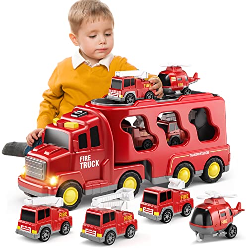 TEMI Feuerwehrfahrzeug BAU LKW Lastwagen Spielzeugautos - 5 in 1 Reibung Angetriebene Autos für 4 5 6 7 Jahre alte Jungen, Fahrzeuge für Kleinkinder Alter 3-9, Weihnachten Geburtstag Geschenke Cover