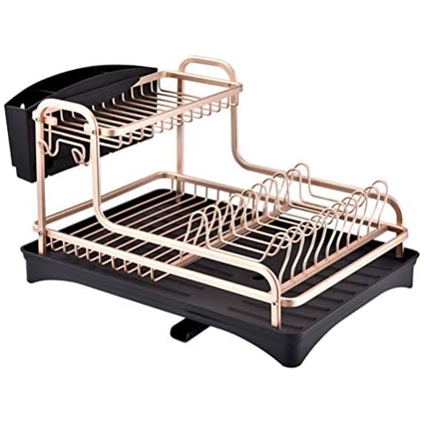 DFAOLLI Dish Drying Rack 2-Tier Bowl Utensil Holder Cutting Board Drainer for Kitchen Countertop Champagne Gold Cover