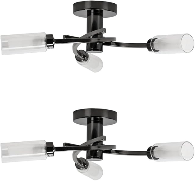 Pair of - Modern 3 Way Spiral Flush Black Chrome Ceiling Light Fittings with Elegant Clear and Frosted Glass Shades