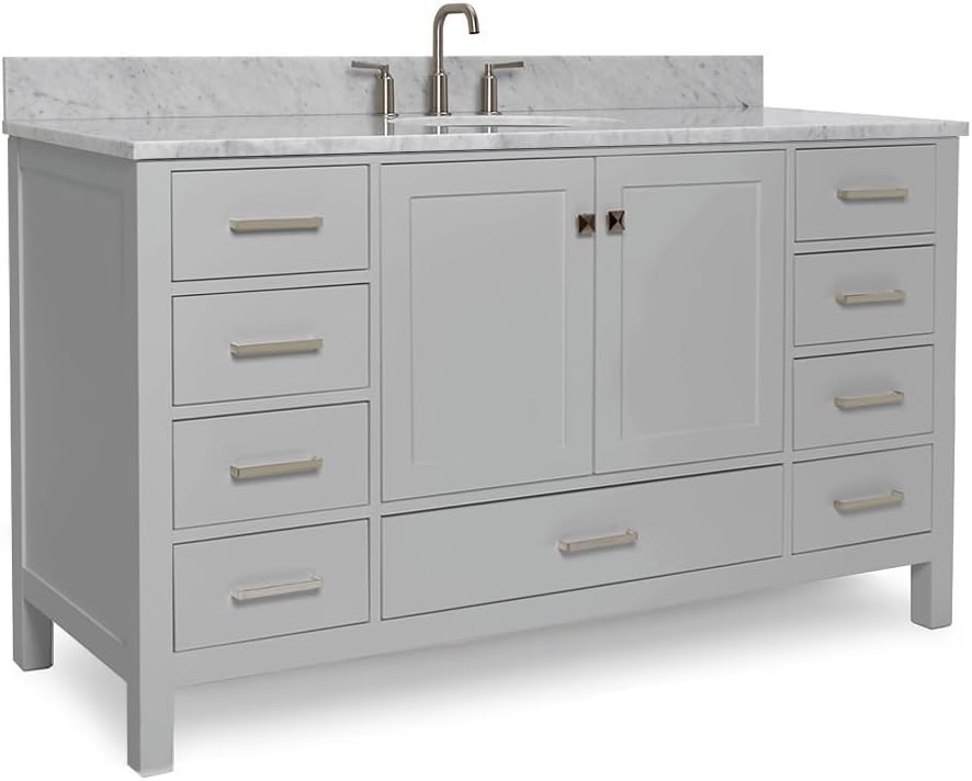 ARIEL Cambridge 60-inch Bathroom Vanity with Sink,Solid Wood, 0.75-inch Italian Carrara Marble Countertop & Backsplash, Single Oval Porcelain Sink, 2 Soft Closing Doors, 9 Dovetail Drawers, Grey
