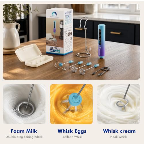 Image of Rechargeable Milk Frother with Stand, 4 Interchangeable Whisks & Travel Case - Handheld Mixer for Lattes, Matcha, Hot Chocolate, Eggs & Protein Shakes