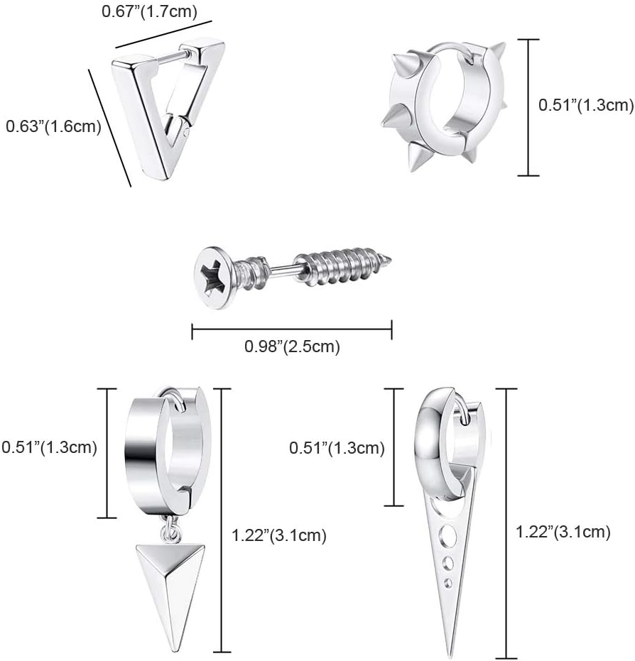 5 Pairs Punk Style Stainless Steel Black Tone Geometric Triangle Rivet Surgical Huggie Hoop Earrings Screw Nail Stud Earrings Gift for Men Women Teen - Image 6