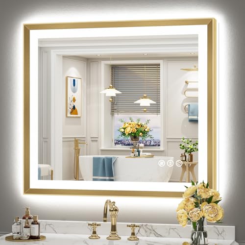Image of 32x36 Gold Beveled LED Lighted Bathroom Mirror, Backlit & Front Lit | Brushed Gold Framed, Anti-Fog Vanity Mirror with Lights, 3 Color Dimmable, Memory, HD Tempered Glass, CRI95, IP54, UL Listed