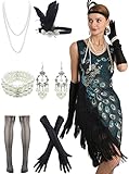 VENSHEMET 1920s Vintage Peacock V Neck Beaded Fringed Party Dress with 20s Accessories Set (Large, Green)