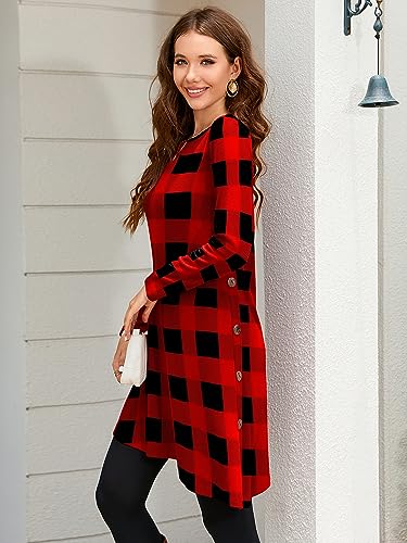 KORSIS Dresses for Women Black Red Plaid X-Large Long Sleeve Round Neck Casual Button Side T Shirts Loose Fitting Girls Christmas Sweater Fall Winter Tunic Dress — view 3