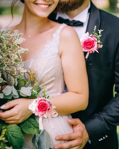 Campsis Wrist Corsage and Boutonniere Set Pink Rose Corsage Wristlet Wedding Boutonniere for Men Artificial Prom Flower for Wedding Party Decorations(2Pcs) - Thumbnail 4