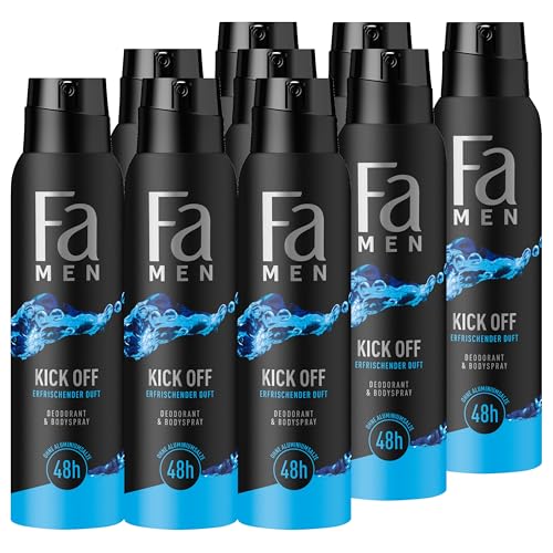 Fa Desodorante y spray corporal Kick Off Men (9 x 150 ml), desodorante en spray con aroma fresco y activador, desodorante sin aluminio para una protección de hasta 48 horas, no deja residuos de