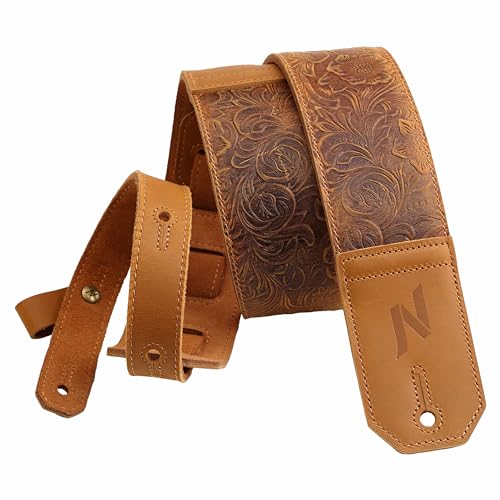 Nefelibata Gitarrengurt, 2.3' breite Vollnarben-Gitarrengurte aus Leder mit weicher Polsterung für Bass-, Elektro- und Akustikgitarre (Sahara Yellow Embossed)