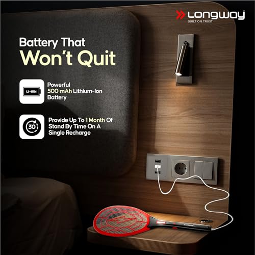 Image of Longway Zappy Rechargeable Mosquito Killer Racket Built in COB Light | 3500V DC Voltage on The Net Mesh| Mosquito Bat | 1 Month Stand by 500mah Long Lasting Internal Battery (Black)