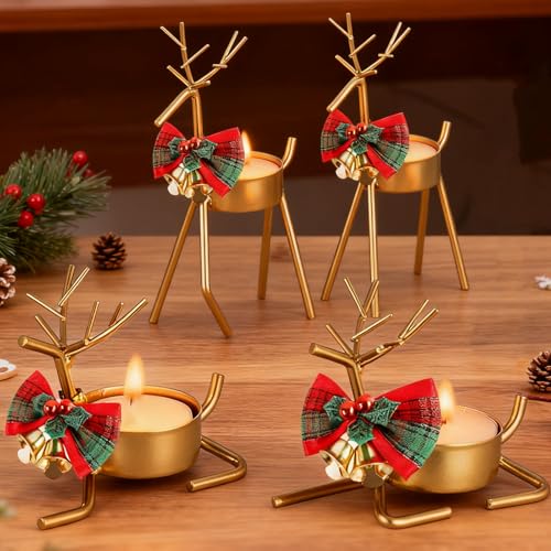 TECHEEL Set of 4 Deer Tea Light Holders Christmas Reindeer Tea Light Candle Holder Gold Deer Candle Holder Christmas Tea Light Holder Reindeer for Table Decoration Christmas Decoration Living Room