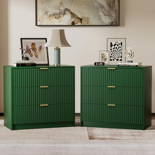 Image of Furniway Fluted Nightstands Set of 2, 31.5 inch Large Bedside Tables with 3 Drawers, Modern Wood Night Stands with Storage for Bedroom, Green