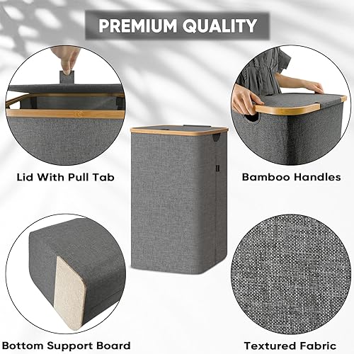 BALEINE Laundry Hamper with Lid, Tall Laundry Baskets with Bamboo Pull Handles, Large Laundry Bin with Internal Support (26 Gal/100L, Grey)