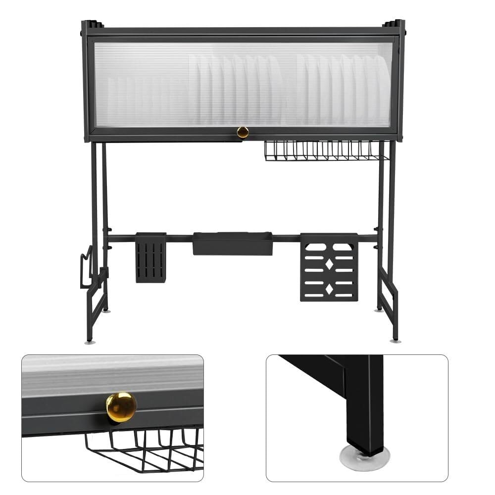 Scolapiatti a Due Livelli Argento Multifunzionale per Cucina, Portautensili, Portabicchieri, 40 x 26 x 37 cm(65 * 30 * 78 Cm-nero)