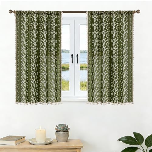 Image of Olive Green Floral Curtains 45 Inch Long for Living Room, Bedroom, 2 Panels Boho Farmhouse Vintage Tassel Semi Sheer Light Filtering Privacy Window Curtains Drapes with Rod Pocket