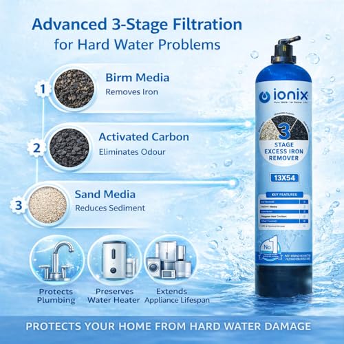 Image of Ionix Excess Iron Remover - 3-Stage Single Vessel Water Treatment System | Multiport Valve for Easy Cleaning | 13 inchx54 inch Compact Design | DIY Installation | Hard Water, Sediment, and Scaling Solution
