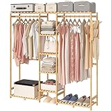 UDEAR Bamboo Closet Storage Organizer, Portable Wardrobe Closet for Hanging Clothes, Double Rods,6 Shelves & 2 Hooks, Multi-Functional Closet for Bedroom, Hallway