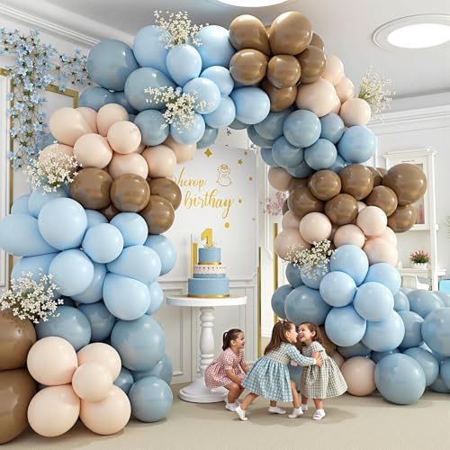 Image of 412Pcs Dusty Blue and Brown Balloon Arch Kit, 5 10 12 18inch Bear Baby Shower Decorations with Brown Sand White Dusty Blue Balloons for Baby Shower Decorations Gender Reveal Birthday Party Decoration