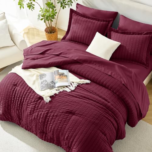 Image of HIMEET Full Comforter Sets, 7-Piece Seersucker Bed in a Bag, Burgundy | 90 GSM Brushed Fabric, 240 GSM Fill, 14-Inch Deep Pocket, OEKO-TEX Certified, Soft & Lightweight for All-Season Use