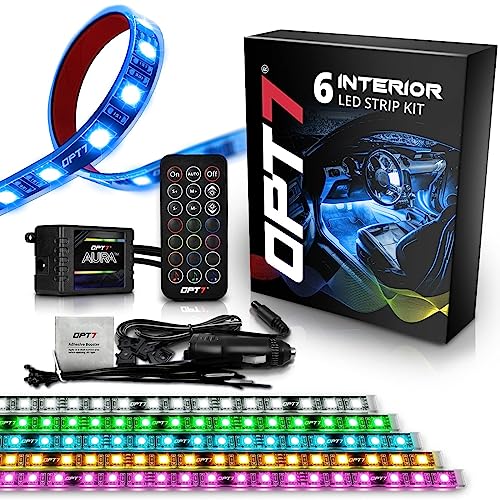 OPT7 Aura 6pc Auto Interior Lighting LED Strip Kit - 16+ Smart-Color, Soundsync, light show patterns, and remote - Accent Underdash Footwell Floor