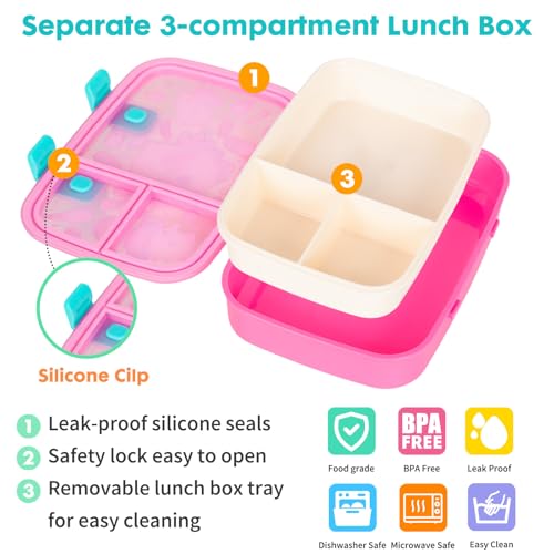 Image of Cute Cartoon Bento Lunch Box for Kids, 800ml /27oz BPA-Free Leak-Proof Food Containers with 3 Compartments, Dishwasher Safe, Back to School Students Lunches Size for Ages 3-7