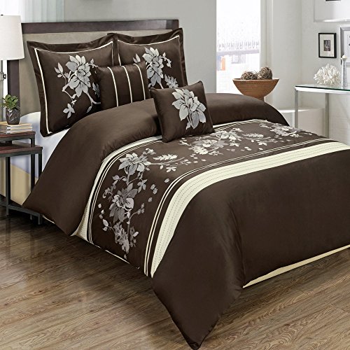 Blancho Bedding Myra Chocolate 5-Piece Duvet Cover Set Embroidered 100% Cotton King/Calking Size