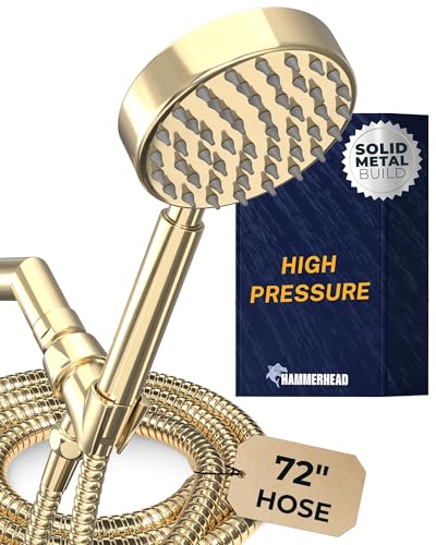 HammerHead Showers® Solid Metal Handheld Shower Head with Hose and Brass Holder - POLISHED BRASS - 2.5 GPM High Pressure Shower Heads with Adjustable Shower Wand Bracket - 6ft Flexible Extension