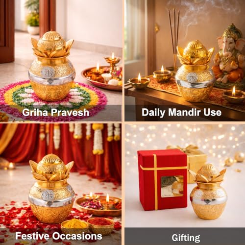 Image of Indian Art Villa Silver Plated Gold Polished Mangal Kalash with Coconut, Width Decorative Kalash for Pooja, Lakshmi Puja, Griha Pravesh, Temple & Festive Gifting, 3.8 Inch
