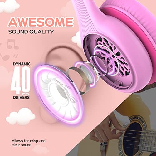 KLUGMIA Wired Kids Headphones, 85dB/94dB Volume Limited, Over Ear Headphones for Kids with in-line HD Mic, Audio Sharing, Foldable Kids Headphones Wired (pink)