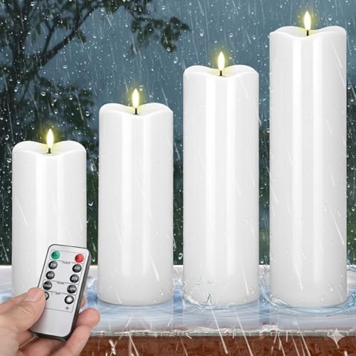 Image of Rossesay 8 inch 10 inch 12 inch 14 inch x 4 inch Large Waterproof Outdoor Flameless Candles, 4 Pcs LED Pillar Candles with Remote and Timers Battery Operated Jumbo Flickering for Home Patio Church Lanterns(White)