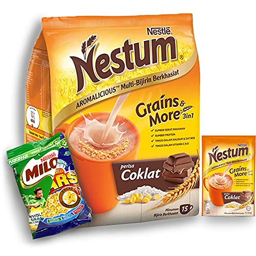 Nestum All Family 3-in-1 Instant Cereal Milk Drink and 1-Pack Nestle Cereal Snack Bundle (Milo or Koko Krunch or Honey Star, 30 g) - Low Fat Milk Cereal Made with Wholemeal Wheat, Rice & Corn Grits, Fortified with Vitamins (Chocolate, 15 Sachets)