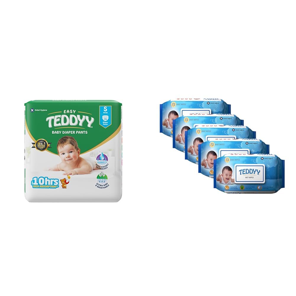 TEDDYY Baby Easy Pant Diapers Small 78 Count Pack of 1 & Baby Wet Wipes With Lid 72s Pack of 5