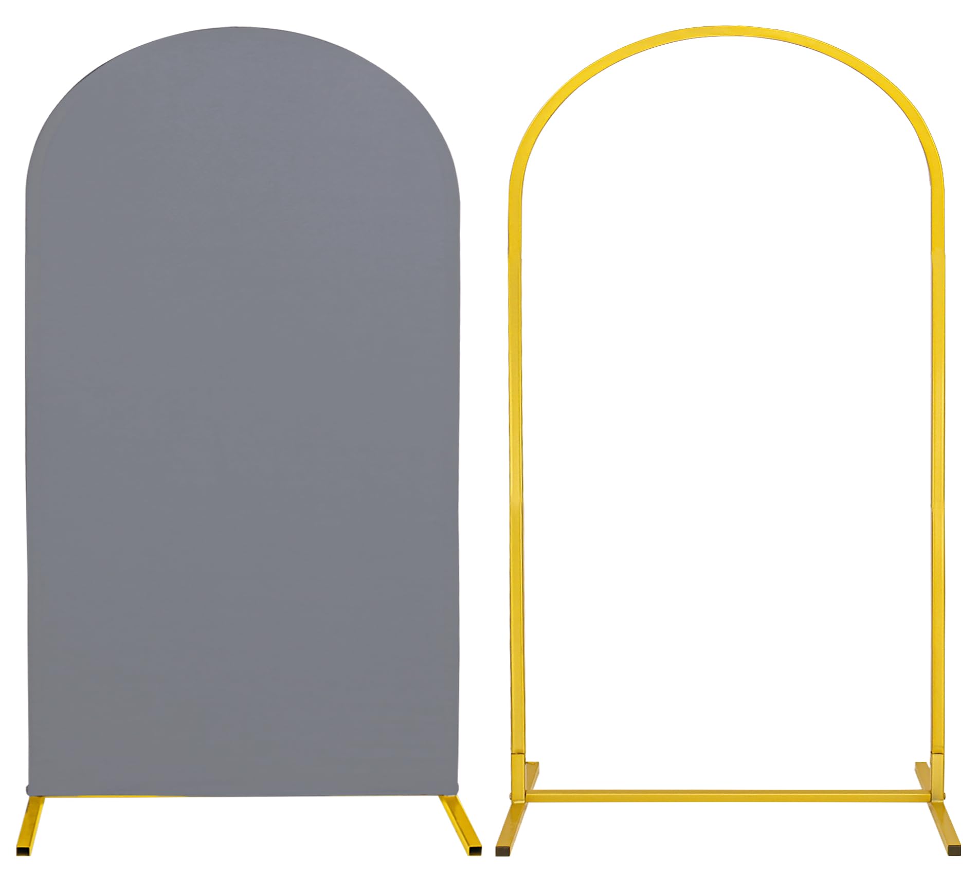 Metal Arch Stand and Cover Set,1 Grey Spandex Fitted Backdrop with 1 Gold Wedding Arched Stand Frame for Parties Birthday Baby Shower Bridal Banquet Decoration (7.2FT)