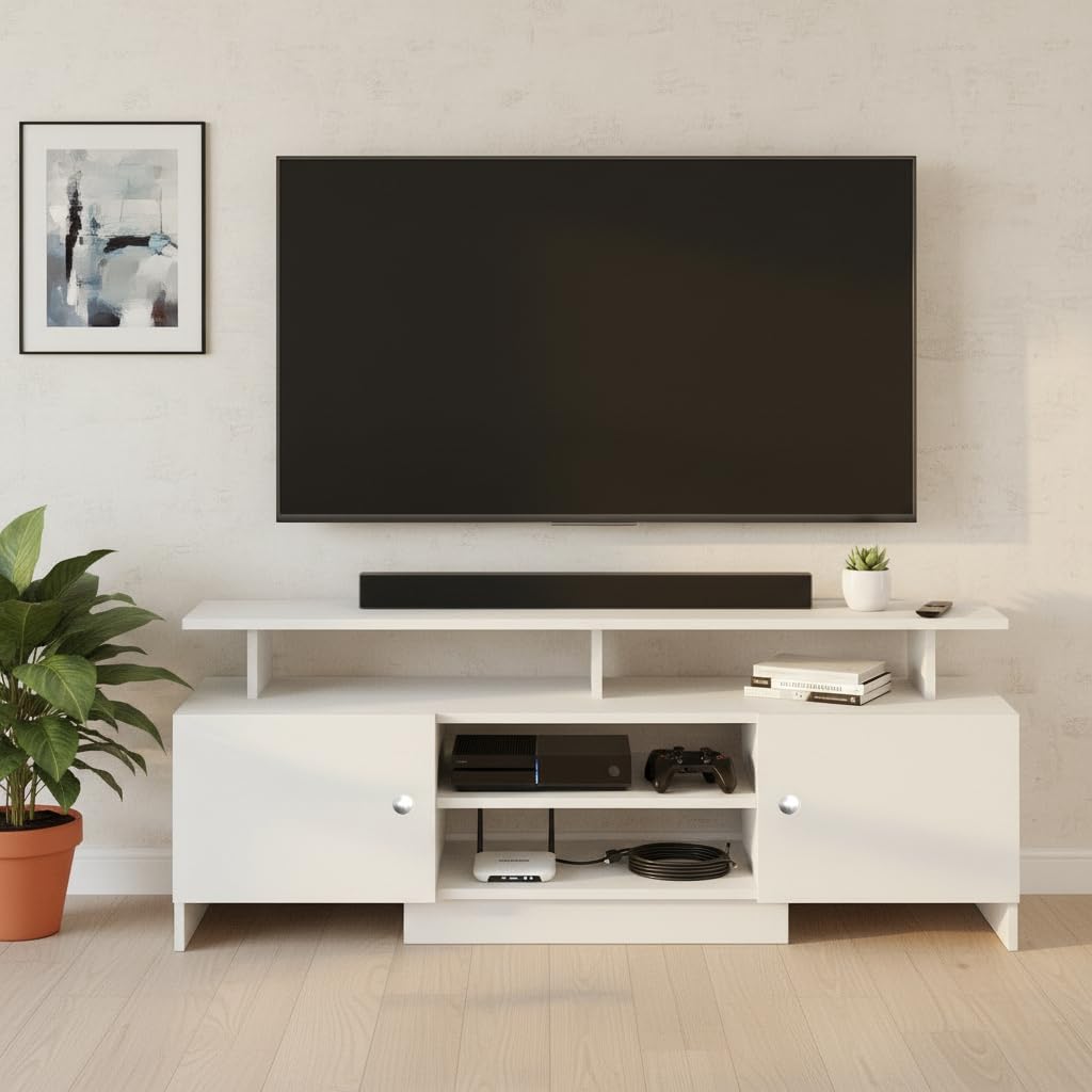 FURNEASER Kashvi Modern TV Unit for Living Room | Engineered Wood TV Cabinet with Storage Shelves | Entertainment Center TV Stand for Home (Fits Up to 55 Inch TV) | Space Saving Design (White)