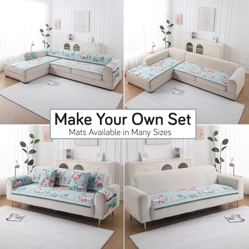 Image of HOKIPO 'LiefNest' Holland Velvet Sofa Cover Mat with Foam Filling for 1 /2 /3 Seater & L-Shape Sofa. Make Your Own Sofa Cover Set, Mat Size: 220(L) cm, Fresh Floral Pastel Blue (IN-826-D3)