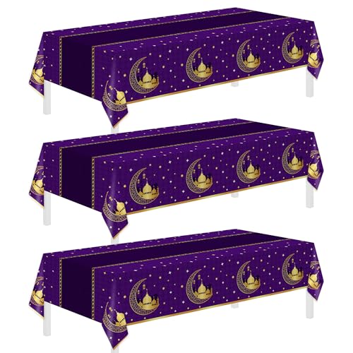 Image of Childom 3 Pack Ramadan Table Cloth,Ramadan Decorations for Home,54 inch x 108 inch Eid Mubarak Decorations,Eid Ramadan Tablecloth Rectangular,Purple Plastic Table Cloth Disposable Table Cover for Party Favors