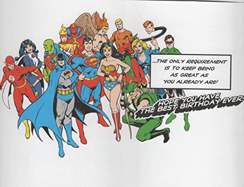 Cartão de feliz aniversário da Liga da Justiça com Batman, Super-Homem, Mulher Maravilha, Flash, Arq