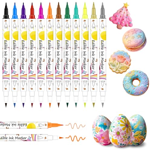 Food Coloring Marker Pens,12Pcs Dual Sided Food Grade and Edible Markers with Fine&Thick Tip,Edible Pen Gourmet Writers for Decorating Cake,Cookies,Fondant,Frosting,Easter Eggs,Painting,Drawing,Baking
