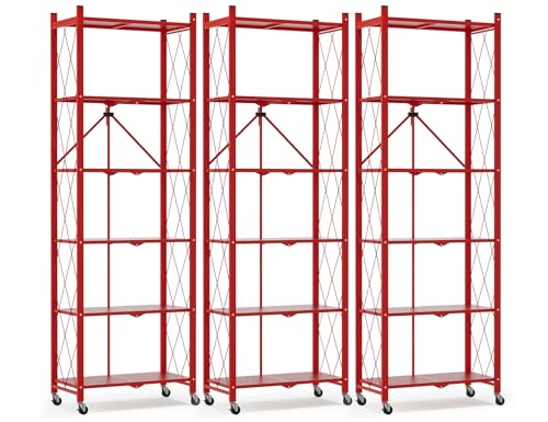 Image of ALANNG 73.6 Inch Folding Bookshelf, 6 Tier Metal Bookcase and Bookshelves | Tall Shelves for Living Room Office Bedroom, Heavy Duty Book Shelve Free Standing Open (Red, 3PACK)
