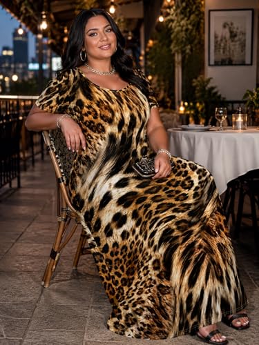 Image of SUZONANA Plus Size Maxi Dress for Curvy Women Summer Casual Sundress Short Sleeve Loose Vacation Dress