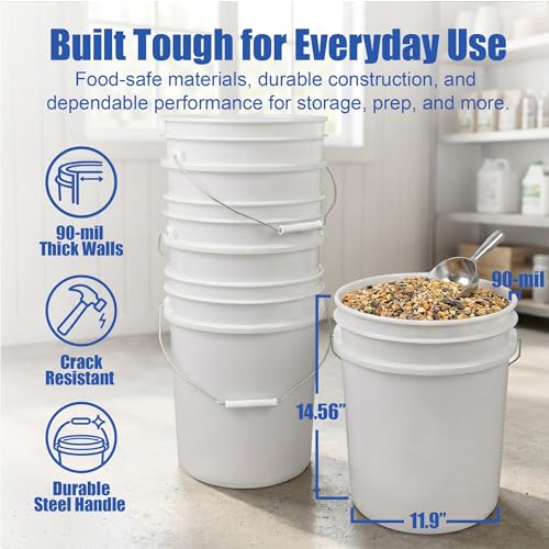 Image of ePackageSupply 5 Gallon Bucket - Food Grade w /Lid BPA-Free, 6 Pack - White | Airtight Gasketed Tear Strip Lid, Heavy-Duty 90 Mil HDPE Plastic Pail, Bulk Storage, Food Safe Durable Container, Made in USA