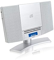Denver Radio CD Player With Speakers, Wall Mounted or Desktop Stand Small Mains Operated Alarm Clock Radio Boombox Home Audio CD Player with Remote Control - Silver