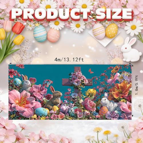 Image of Spring Floral Cross Garage Door Cover 157x70 inch Bunny Colorful Eggs Butterfly Christian Outdoor Mural Waterproof Easter Home Decor