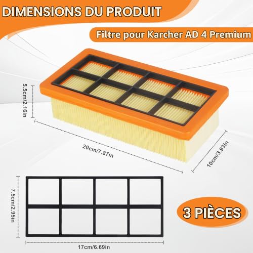 YeeQo 3 filtres plats plissés KFI 7420, pour dépoussiéreurs et aspirateurs à sec Kärcher AD 2, AD 2 Battery, AD 4 Premium, AD 3, AD 3 Premium, AD 3.000, AD 3.200, Remplacer le filtre, réf. 6.415-953.0 – vue 2