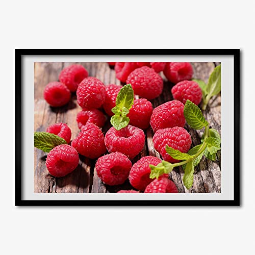 Tableau moderne framboises et cadre en bois 70x50 cm pour illuminer votre cuisine