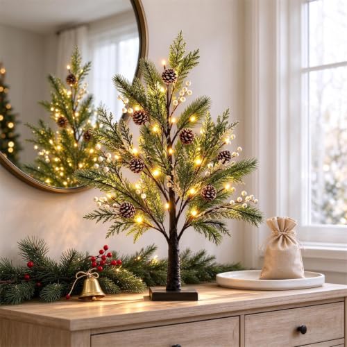 15.75in Artificial Christmas Tree with Warm Led Lights Pinecone & Berries - image 7