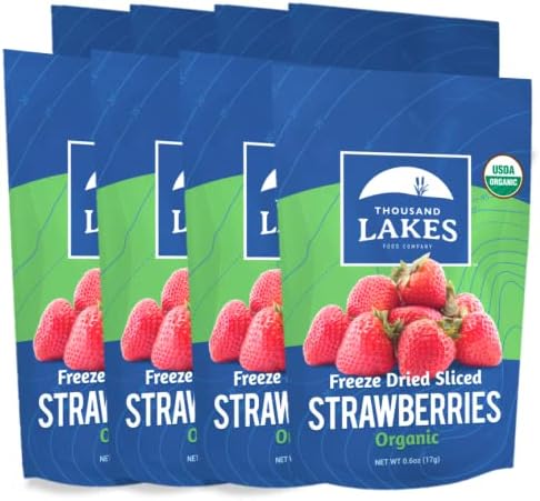 Thousand Lakes Freeze Dried Fruit - ORGANIC Strawberries 8-pack 0.6 ounces (4.8 ounces total) | No Sugar Added | 100% Sliced Organic Strawberries